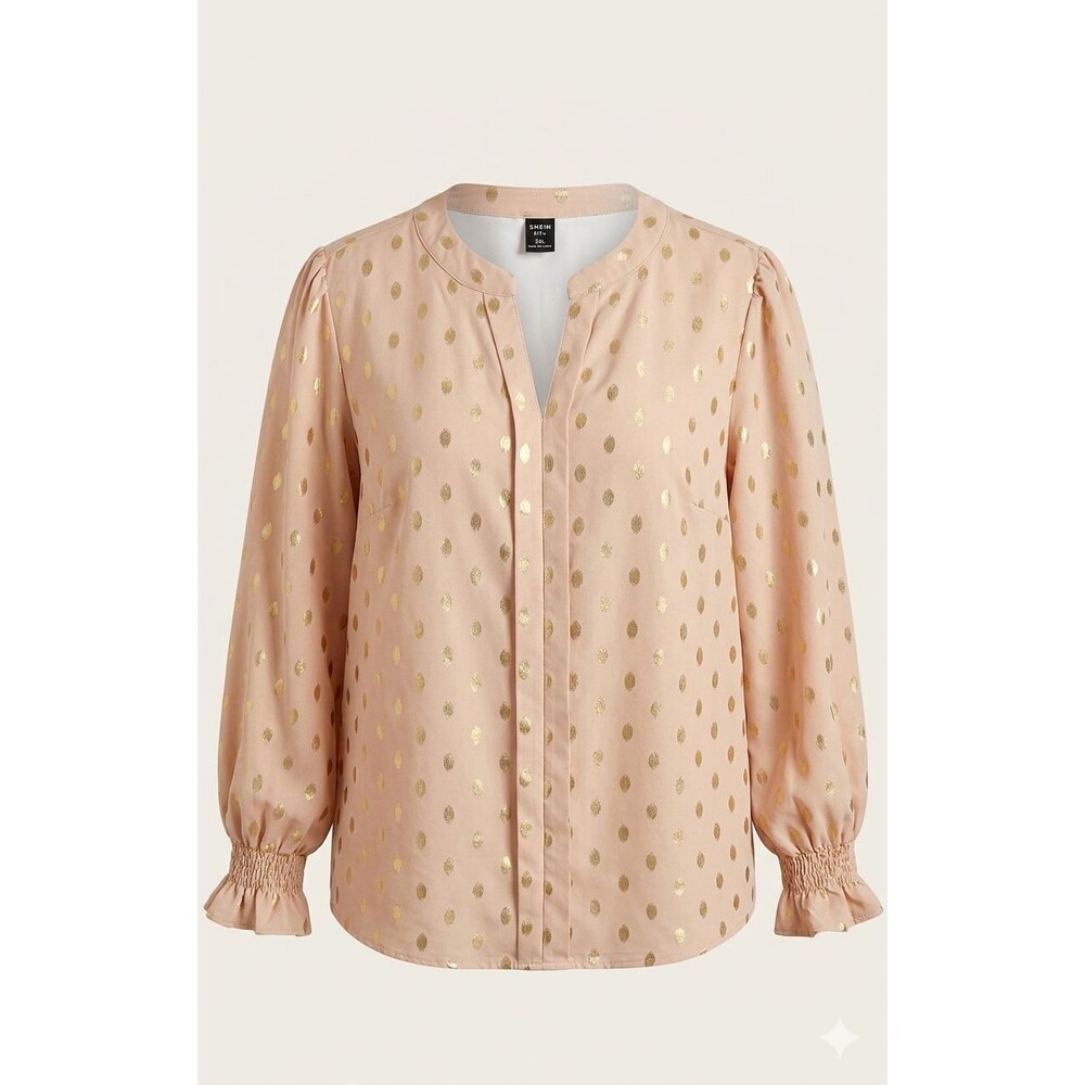 3XL Plus Size Blouse Gold Foil Polka Dot Ruffle Sleeve Metallic Tunic 3X